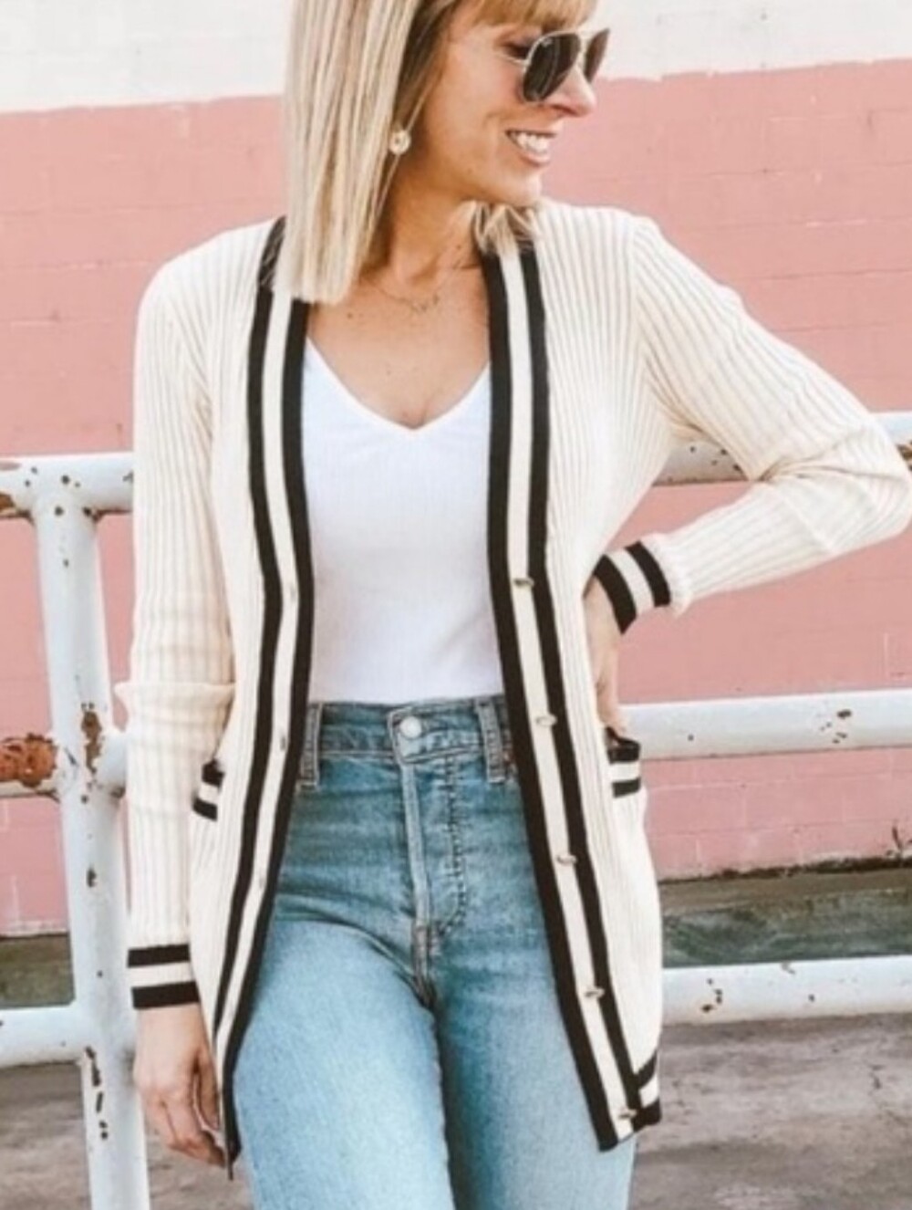 CAbi Radcliffe Ribbed Knit Cardigan Sweater Beige Navy Blue Striped - Size S